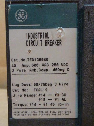 Used GENERAL ELECTRIC / GE 40 Amp Industrial Circuit Breaker TED136040 #34576