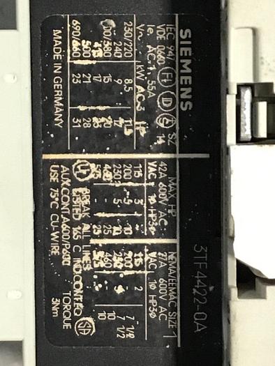Used SIEMENS Contactor 3TF4422-0A #124150