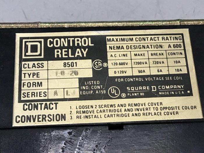 Used SQUARE D Control Relay 8501-L0-20 #120665