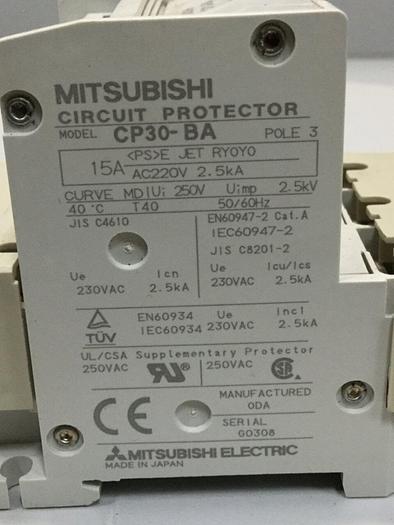 Used MITSUBISHI 15 Amp Circuit Protector CP30-BA-3P-15A Used