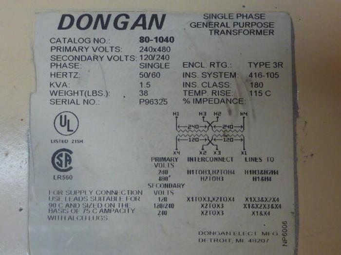 Used DONGAN 1.5 kVA Transformer 80-1040 #31028