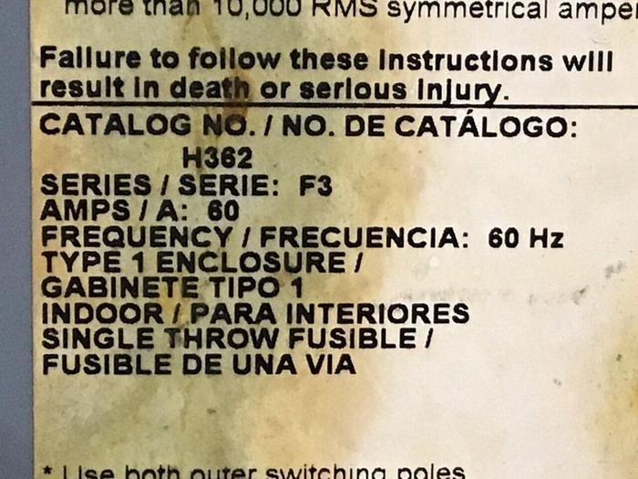 Used SQUARE D 60 Amp Safety Disconnect Switch H362 F3 #120447 DNL SCRAPPED