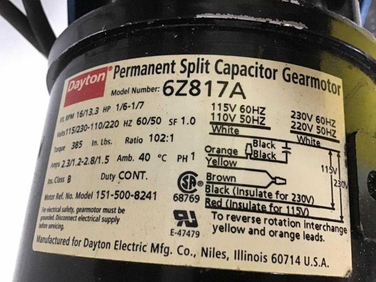 Used DAYTON Capacitor Gearmotor 6Z817A #127312