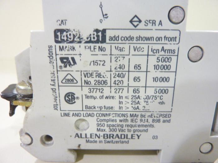 Used ALLEN BRADLEY 3 Amp Circuit Breaker 1492-CB1/G030 SER A #41915