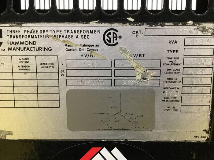 Used HAMMOND 112.5 kVA Transformer 138743 Used