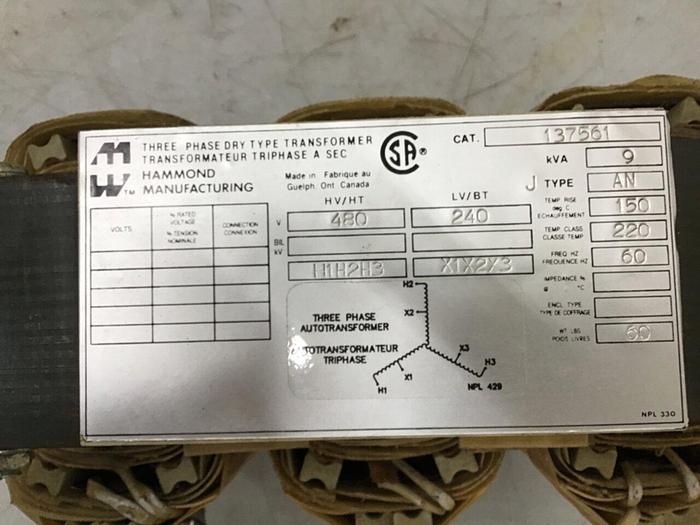 Used HAMMOND 9.00 kVA Dry Type Transformer 137561 #138894
