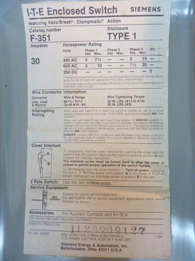 Used SIEMENS 30 Amp Disconnect Switch F351 #41594