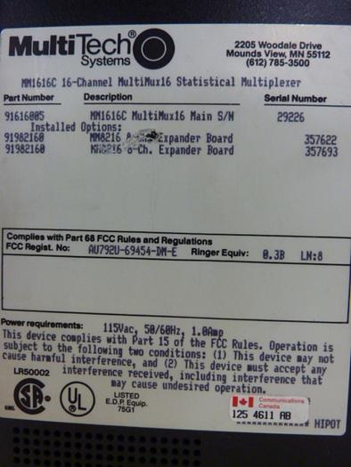 Used MULTI TECH INDUSTRIES Statistical Multiplexer MM1616C #56198