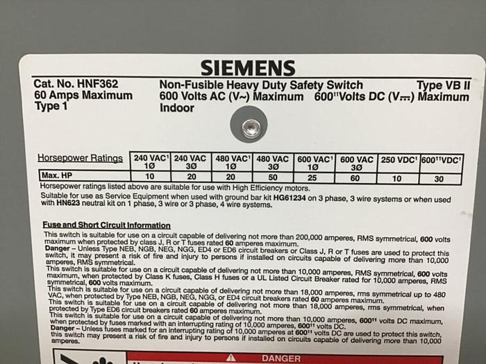 Used SIEMENS Heavy Duty Safety Disconnect Switch HNF362 #137864