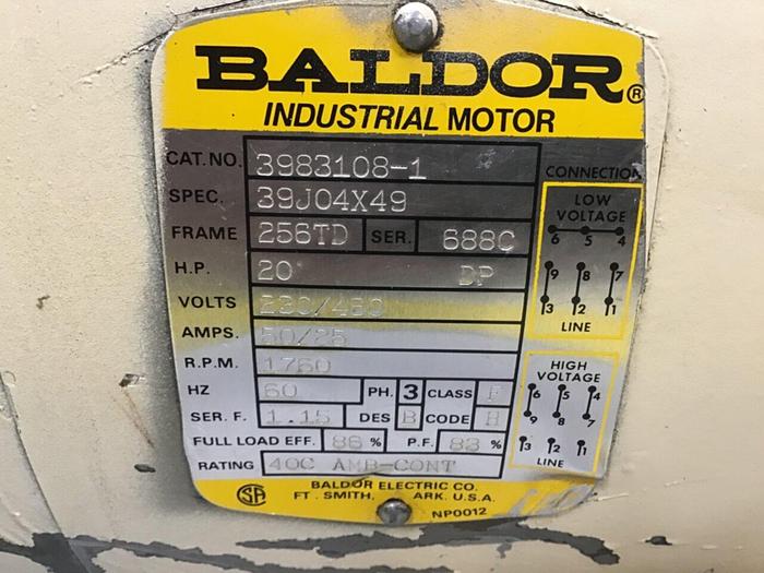 Used BALDOR 20 HP Industrial Motor 3983108-1 Used