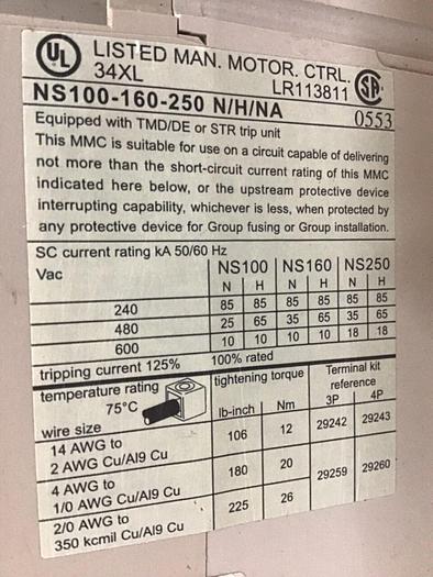 Used SCHNEIDER ELECTRIC 100 Amp Breaker & Switch NS100-160-250 #143696