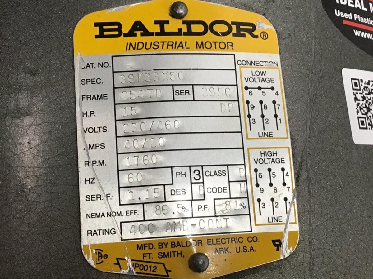 Used BALDOR 15 HP Motor 39K33X50 #91828