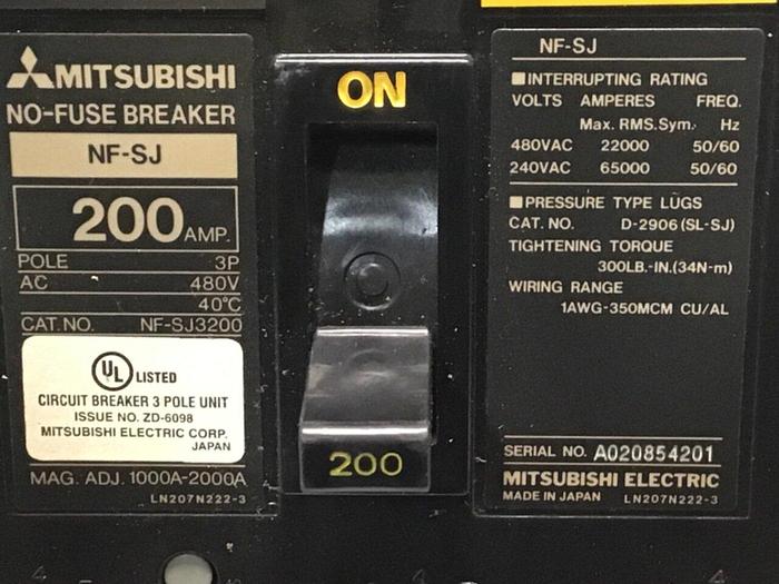 Used MITSUBISHI 200 Amp  Breaker NF-SJ3200 Used