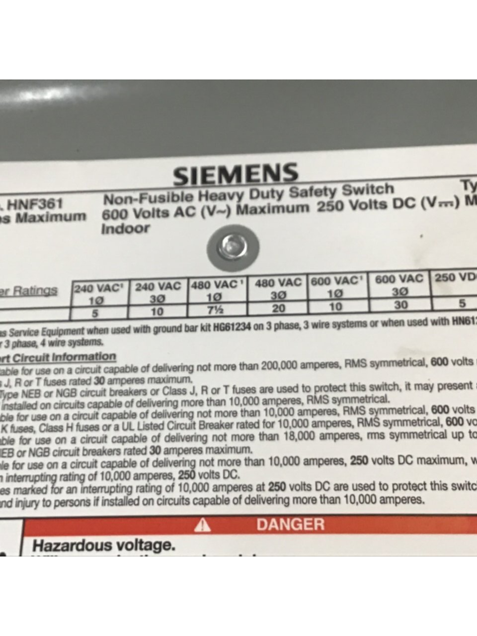 Used SIEMENS 30 Amp Safety Disconnect Switch HNF361 VBII USED