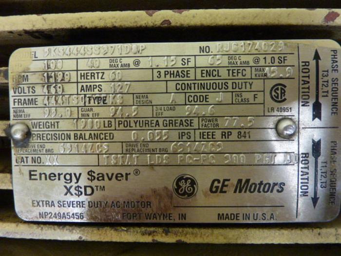 Used GENERAL ELECTRIC / GE 100 HP Motor 5KS444SS371D8P Used