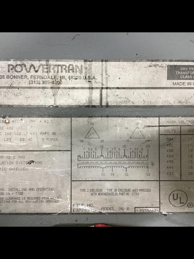Used POWERTRAN 15 kVA Transformer 3PT43-15K #123291