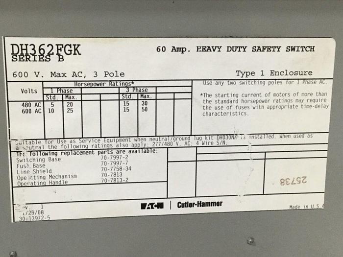 Used CUTLER HAMMER Heavy Duty Safety Switch DH362FGK #109263