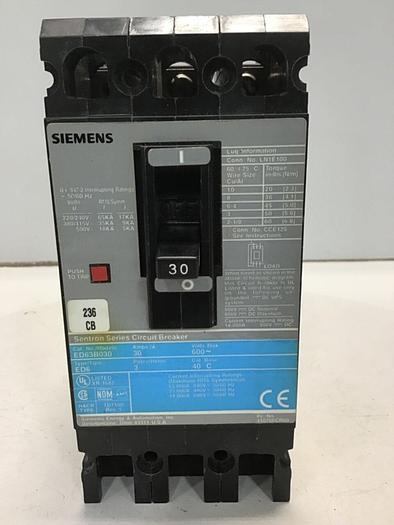 Used SIEMENS 30 Amp Circuit Breaker ED63B030 #138498