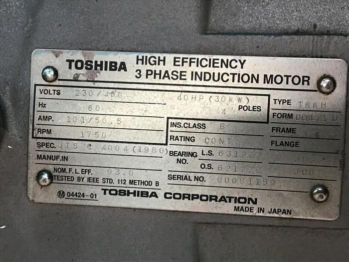 Used TOSHIBA 40 HP Induction Motor TKKH DCKL21 U USED