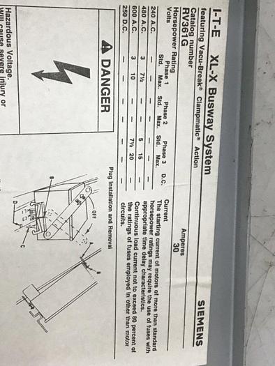 Used ITE SIEMENS 30 Amp Bus Disconnect Switch RV361G #137250