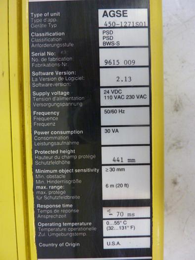 Used SICK OPTIC ELECTRONIC Light Curtain AGSE 450-1271S01 #51471