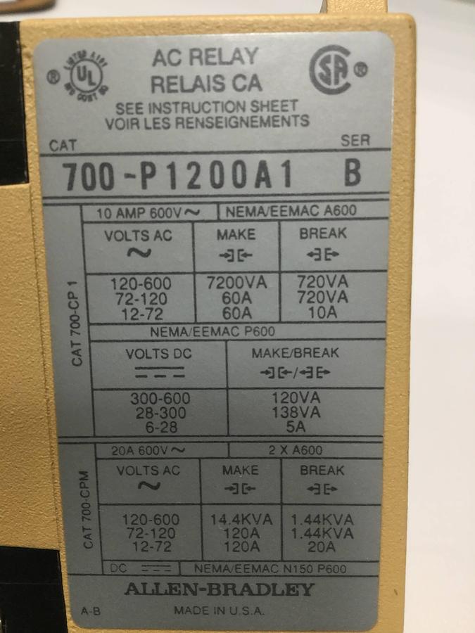 Used ALLEN BRADLEY AC Relay 700-P1200A1 SER B Used