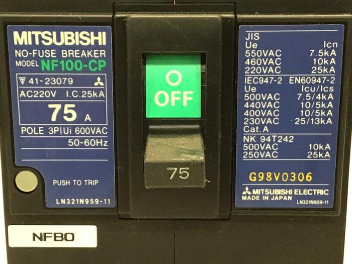 Used MITSUBISHI 75 Amp Breaker & Control Switch NF100-CP 75 AMP #133367