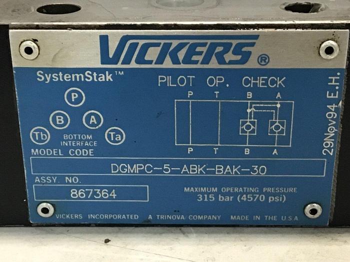 Used VICKERS Pilot Operated Check Valve DGMPC-5-ABK-BAK-30 #132097
