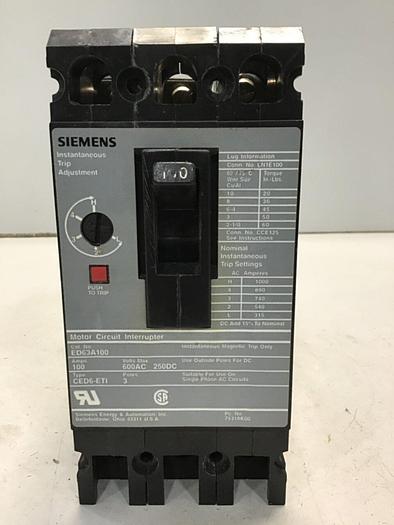 Used SIEMENS 100 Amp Circuit Breaker ED63A100 USED