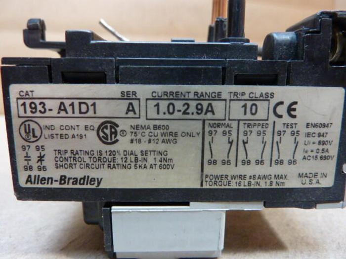 Used ALLEN BRADLEY Overload Relay 193-A1D1 SER A #30053