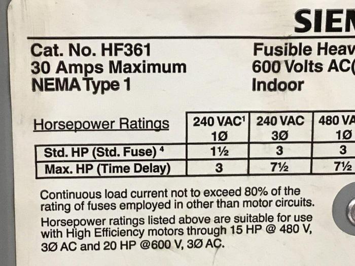 Used SIEMENS 30 Amp Disconnect Switch HF361 #120461