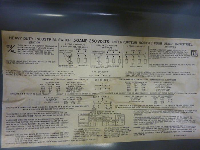 Used SQUARE D 30 Amp Disconnect Safety Switch A87411 #65453