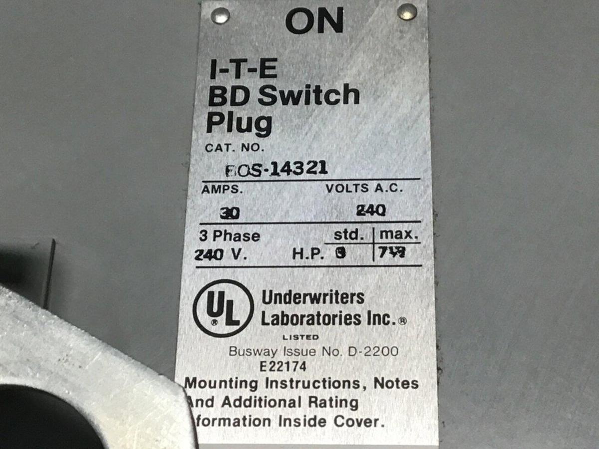 Used ITE SIEMENS BD Bus Disconnect Switch BOS14321 USED