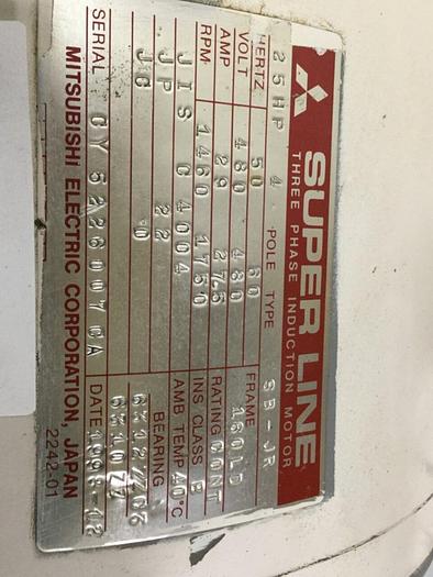 Used MITSUBISHI 25 HP Induction Motor SB-JR 25 HP #116912