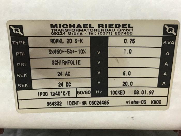 Used MICHAEL RIEDEL 0.75 kVA Transformer RDRKL 20 S-K #138272