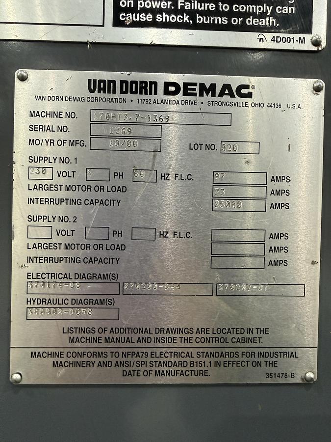 Used VAN DORN DEMAG 170 Ton Injection Molding Machine 170HT-3.7 USED #145210