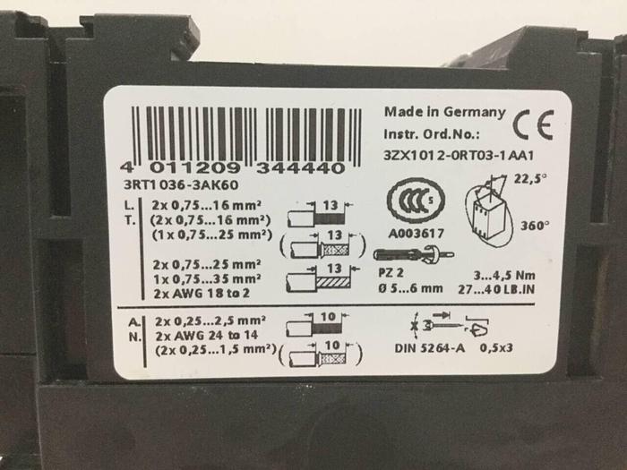 Used SIEMENS Contactor 3RT1036-3AK60 #94202