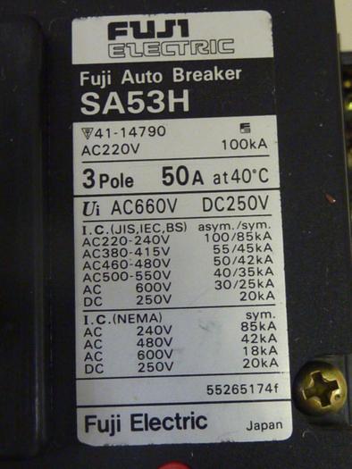 Used FUJI ELECTRIC 50 Amp Circuit Breaker SA53H-50 #46820