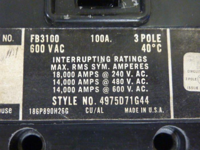 Used WESTINGHOUSE 100 Amp Circuit Breaker FB3100 #66970