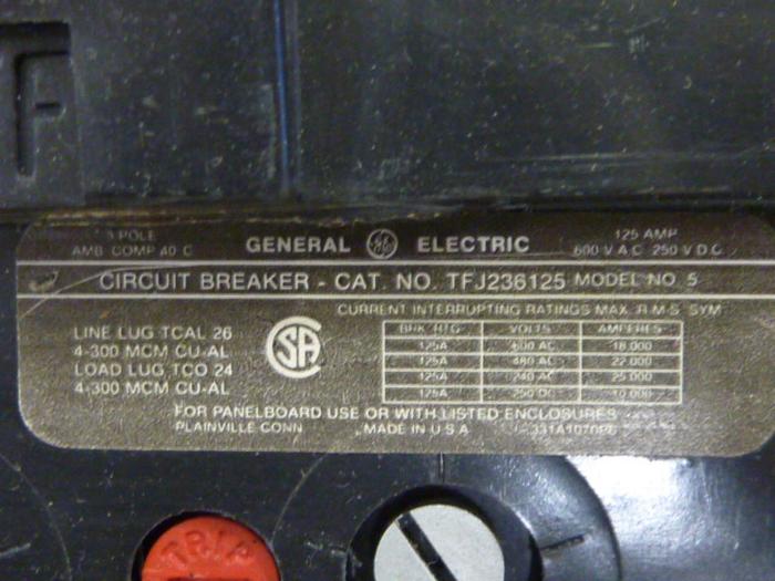 Used GENERAL ELECTRIC / GE 125 Amp Circuit Breaker TFJ236125 Used