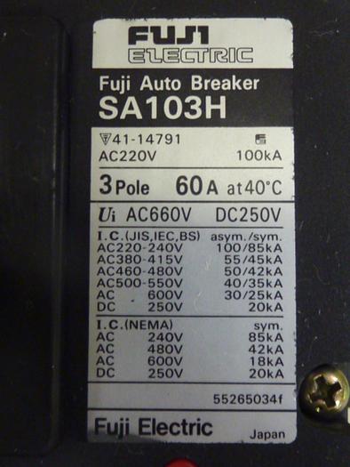 Used FUJI ELECTRIC 60 Amp Circuit Breaker SA103H-60 #46829