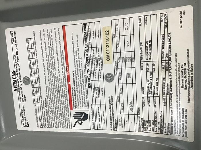 Used SIEMENS 30 Amp Safety Disconnect Switch HNF361 VBII #137853