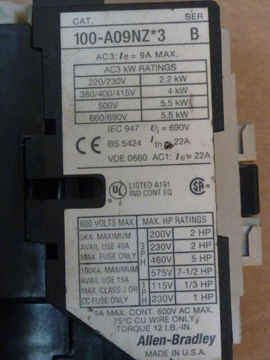 Used ALLEN BRADLEY Contactor 100-A09NZ.3 SER B #49770