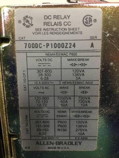 Used ALLEN BRADLEY Relay 700DC-P1000Z24 #92914