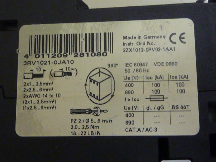 Used SIEMENS Motor Starter 3RV1 021-0JA10 #63785