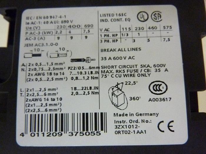 Used SIEMENS Contactor, 35 Amp 3RT1023-1B #46478
