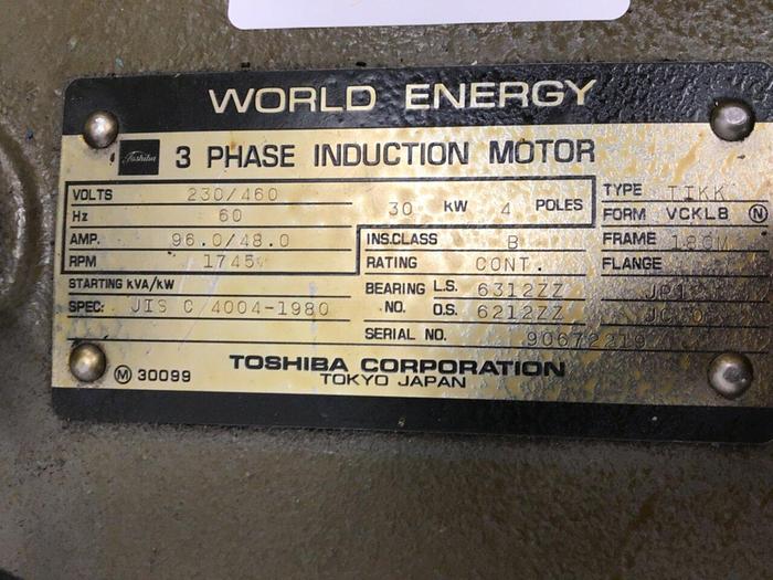 Used TOSHIBA 40 HP Induction Motor JIS C 4004 40 HP USED