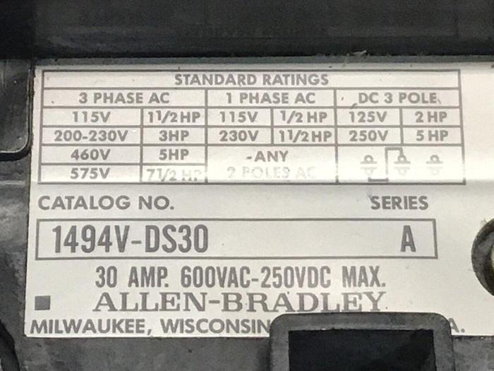 Used ALLEN BRADLEY Disconnect Switch 1494V-DS30 #134061