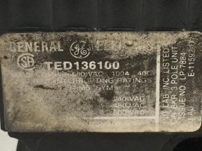 Used GENERAL ELECTRIC / GE 100 Amp Circuit Breaker TED136100 #110627