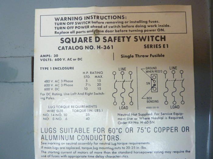 Used SQUARE D 30 Amp Safety Disconnect Switch H361 E1 Used